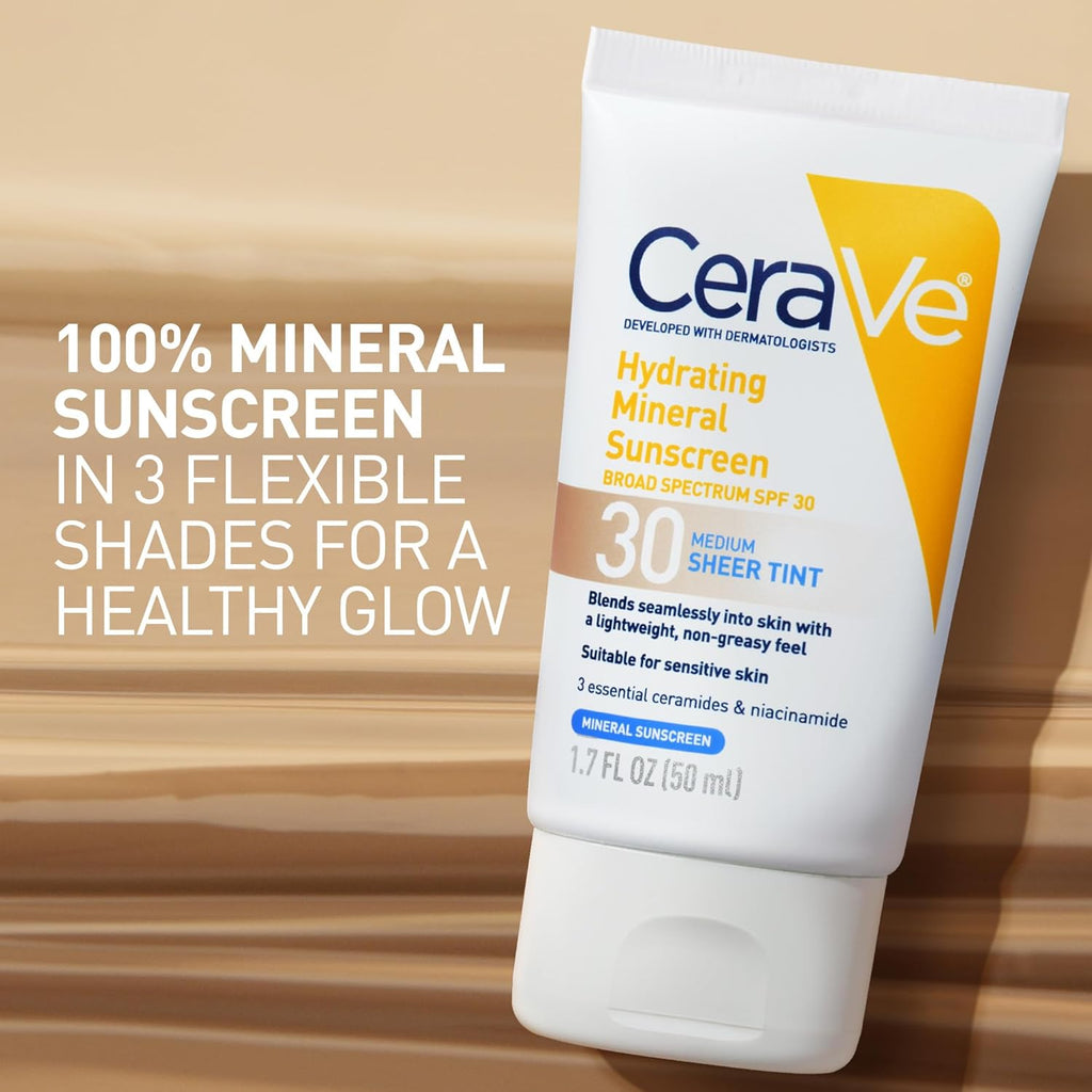CeraVe Tinted Sunscreen for Face. Mineral SPF 30 Moisturizer. Medium. 1.7oz | Skin Care. Face Sunscreen. Hyaluronic Acid. Zinc Oxide. Titanium Dioxide. Sheer Tint. Healthy Glow. Blends Seamlessly