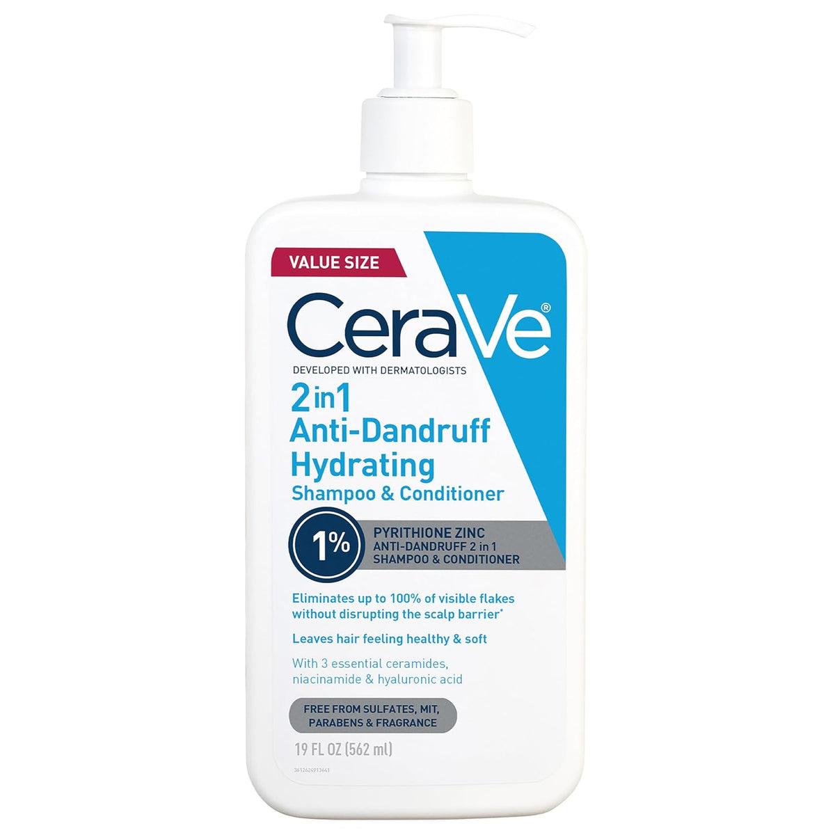 CeraVe 2 In 1 Hydrating Anti Dandruff Shampoo And Conditioner. 19 Fl Oz | 1% Pyrithione Zinc Dandruff Treatment Helps Eliminate Flakes and Relieve Itchy Scalp In a Sulfate-Free. Color-Safe Formula