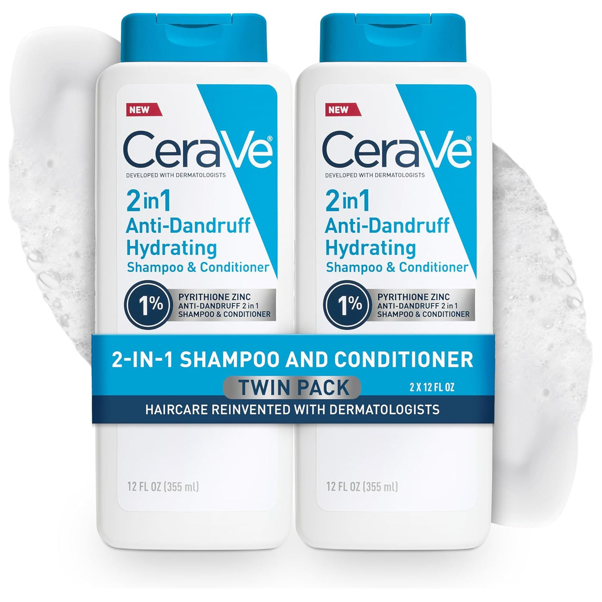 CeraVe 2 In 1 Hydrating Anti Dandruff Shampoo And Conditioner Twin Pack. 1% Pyrithione Zinc Dandruff Treatment Helps Eliminate Dandruff. Color Safe & Sulfate Free. 12 Fl Oz Each (Set of 2)